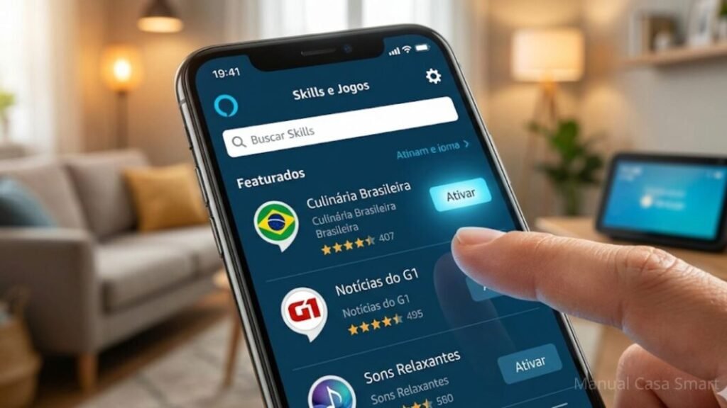Interface do aplicativo Amazon Alexa no smartphone mostrando a loja de skills e jogos pronta para ativação de automação residencial.