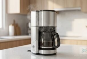 cafeteira conectada em tomada inteligente na cozinha.