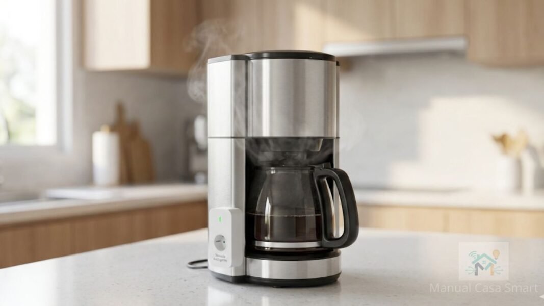 cafeteira conectada em tomada inteligente na cozinha.