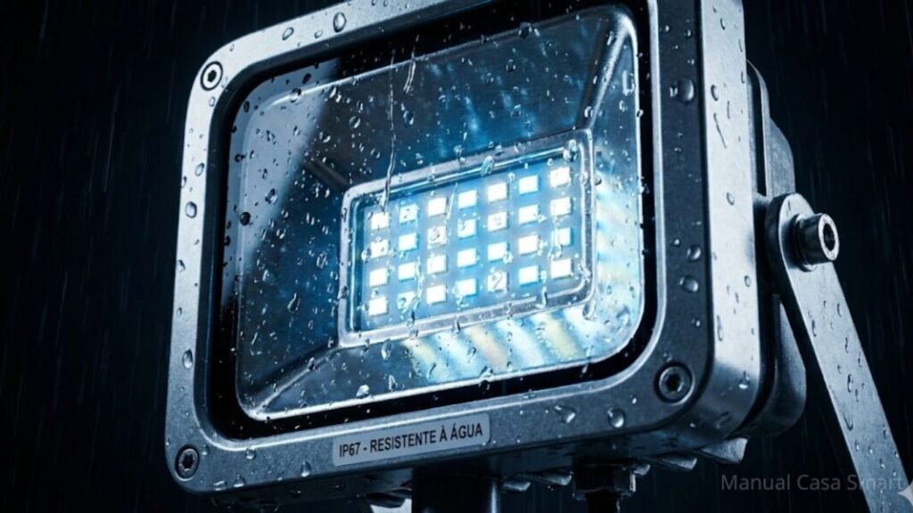 Melhor Iluminação de Jardim Smart: Guia 2026 2 Detalhe técnico de refletor Wi-Fi com proteção IP67 para melhor iluminação de jardim smart 2026.
