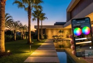 Detalhe técnico de refletor Wi-Fi com proteção IP67 para melhor iluminação de jardim smart 2026.