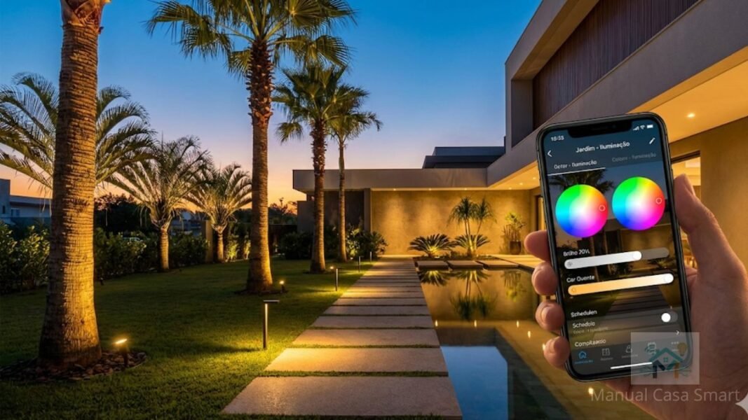 Detalhe técnico de refletor Wi-Fi com proteção IP67 para melhor iluminação de jardim smart 2026.