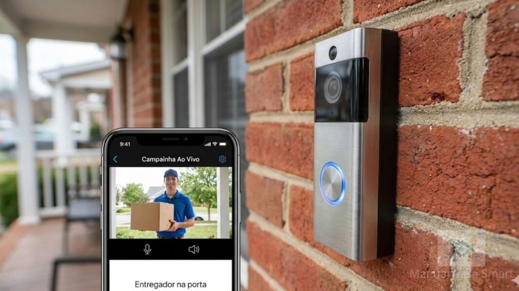 vídeo porteiro wi-fi instalado mostrando imagem no celular.