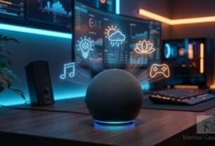 Amazon Echo Dot em mesa moderna projetando ícones holográficos representando as melhores skills Alexa de 2026.