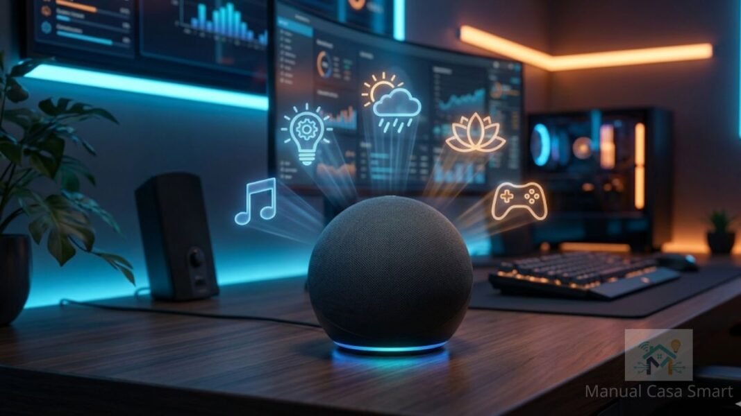 Amazon Echo Dot em mesa moderna projetando ícones holográficos representando as melhores skills Alexa de 2026.