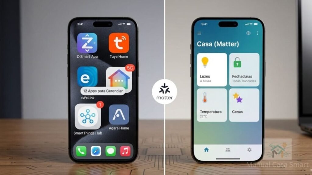 Protocolo Matter 1.4: 5 Mudanças Casa 2026 2 comparação interface fragmentada vs unificada com protocolo matter 1.4.