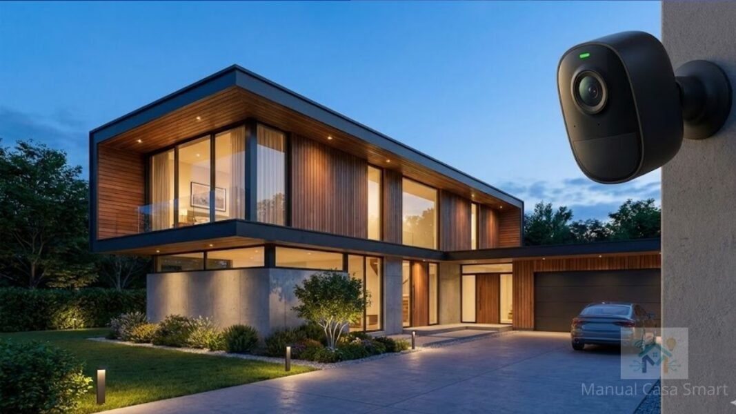 como instalar câmera Wi-Fi externa em parede de casa moderna.