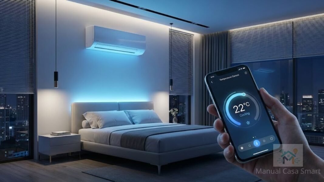 automação de ar condicionado controlada por aplicativo de smartphone.