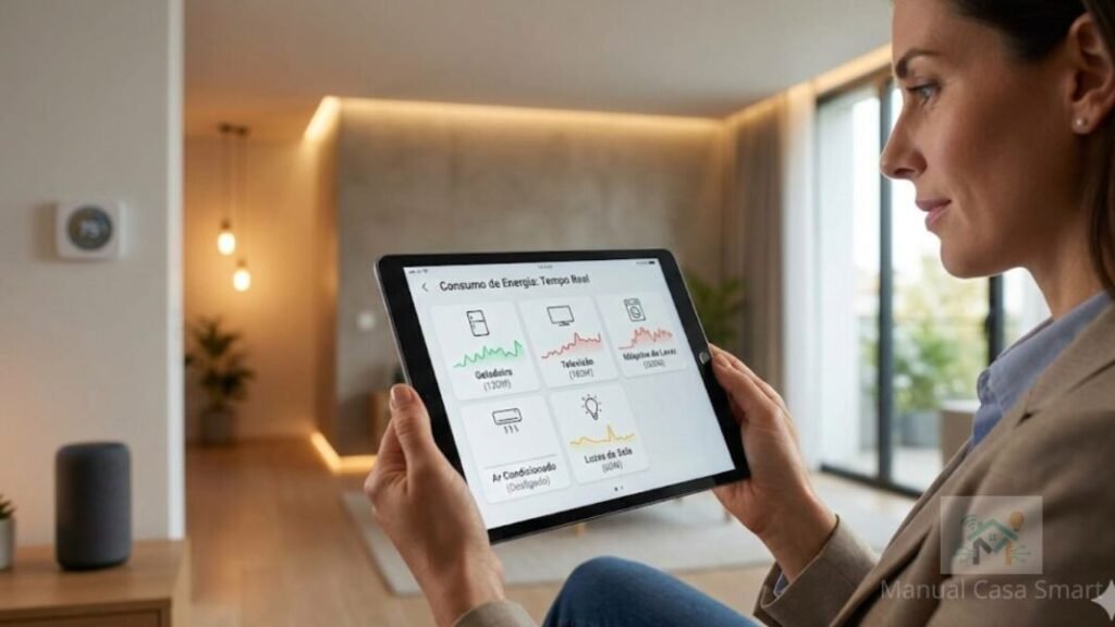 Casa Inteligente Economiza Energia? Veja Quanto! 2 usuário monitorando como sua casa inteligente economiza energia.