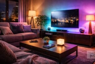 Uma sala moderna com iluminação indireta em tons de azul e dourado, com uma mão segurando um smartphone