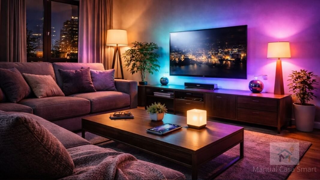 Uma sala moderna com iluminação indireta em tons de azul e dourado, com uma mão segurando um smartphone