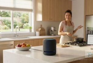 pessoa utilizando comandos de voz alexa na cozinha de casa.