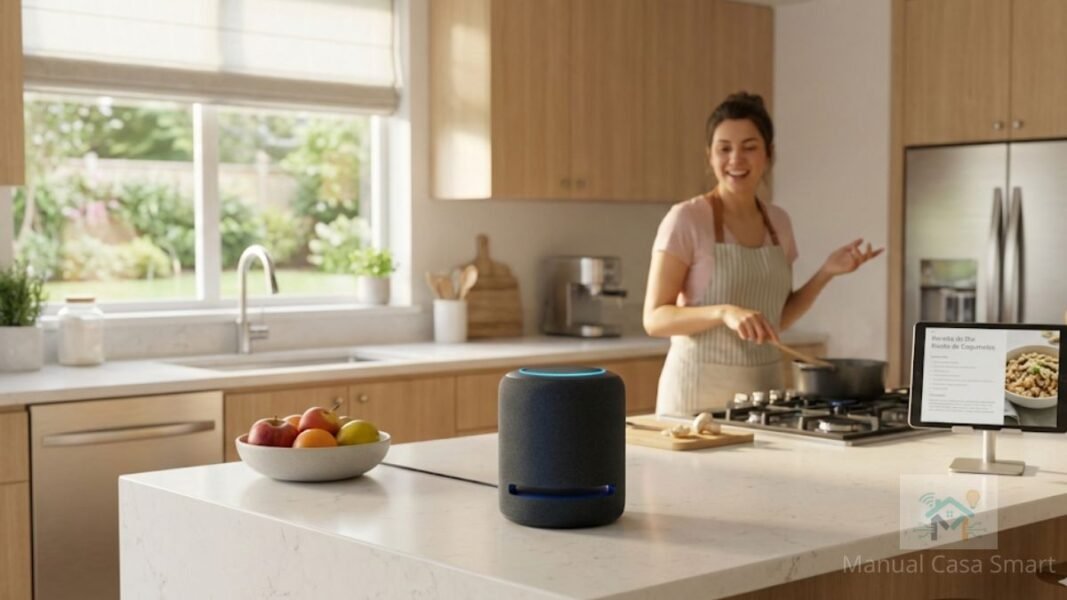 pessoa utilizando comandos de voz alexa na cozinha de casa.