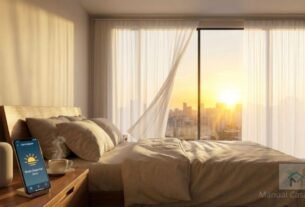 cortina inteligente abrindo automaticamente com a luz do sol no quarto.