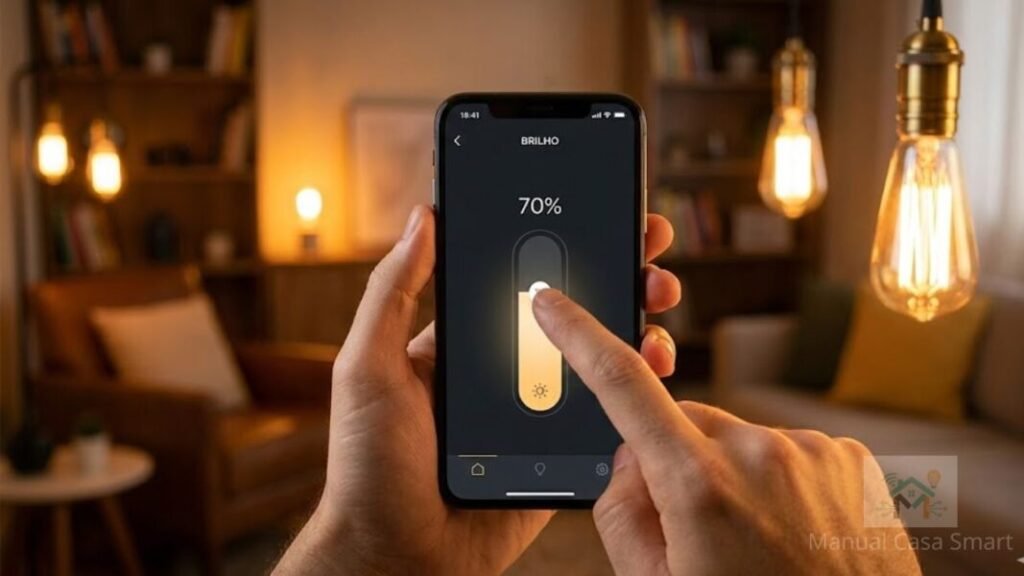 ajustando brilho do dimmer inteligente pelo aplicativo no celular.