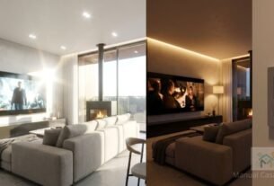 comparação antes e depois iluminação com dimmer inteligente para cinema em casa.