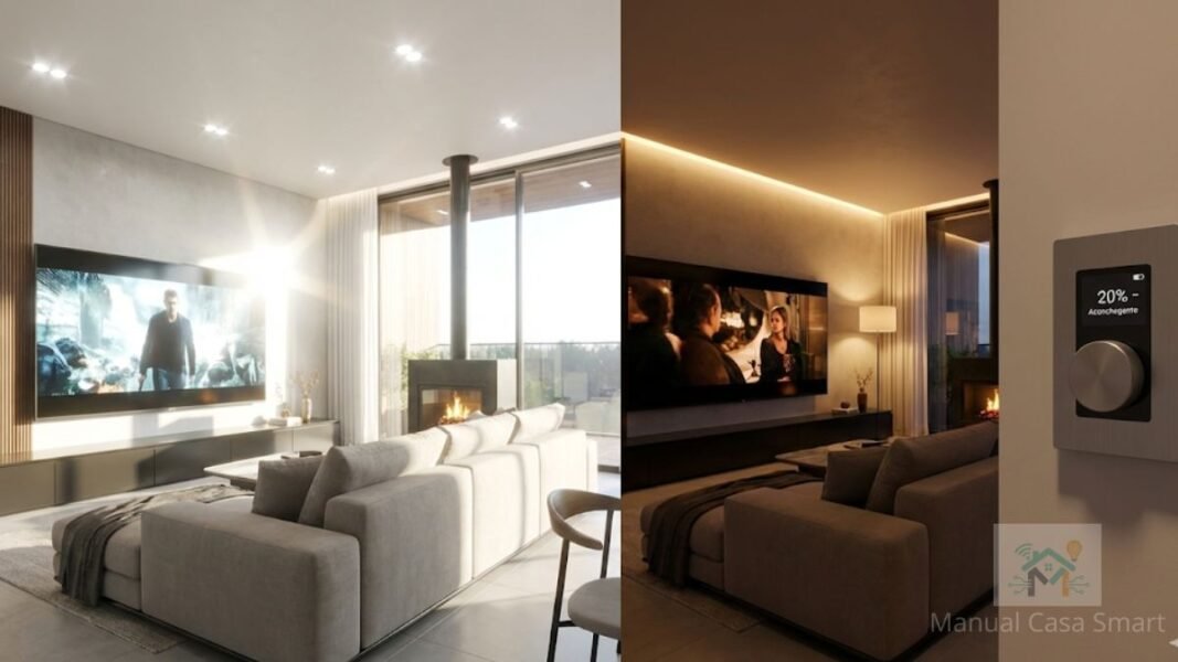 comparação antes e depois iluminação com dimmer inteligente para cinema em casa.