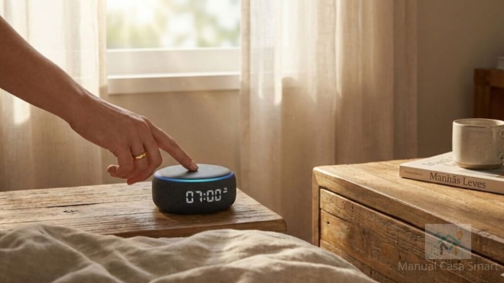 usuário utilizando sensor de toque do echo dot para adiar alarme.