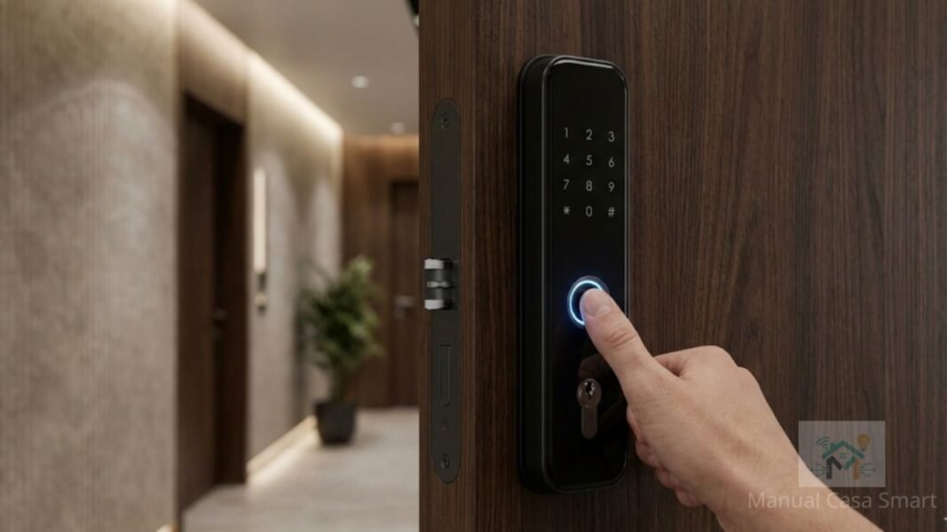 pessoa usando biometria na melhor fechadura eletrônica do mercado.