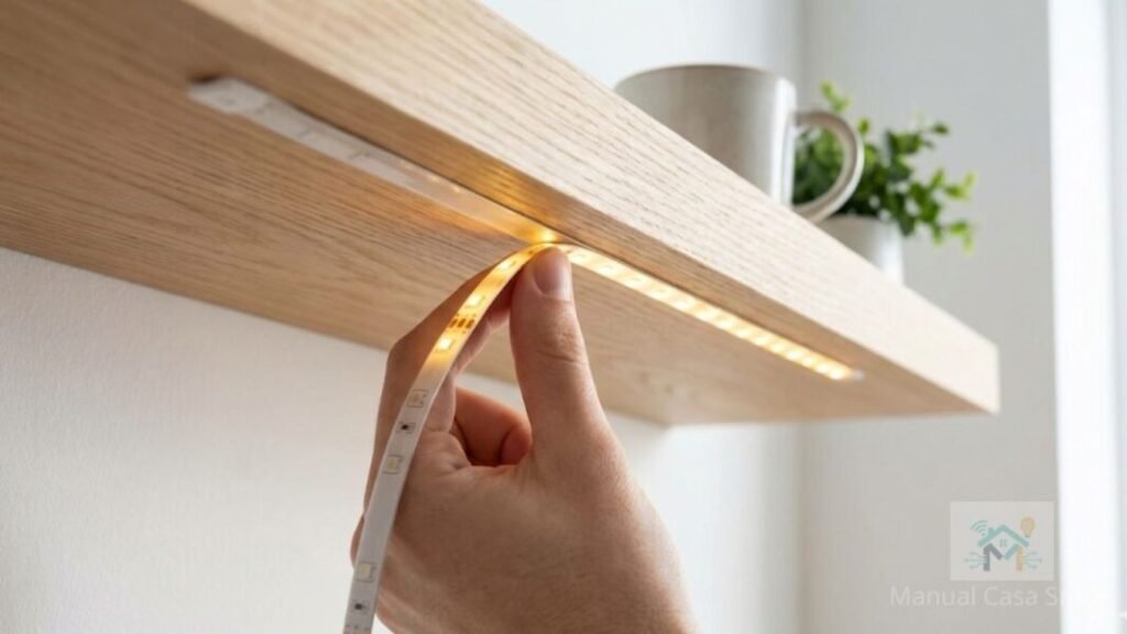 processo de instalação manual de fita led rgb wi-fi em móvel.