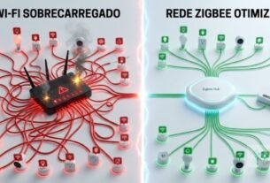comparação rede wifi congestionada versus rede organizada com hub zigbee.