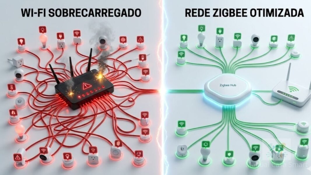 comparação rede wifi congestionada versus rede organizada com hub zigbee.