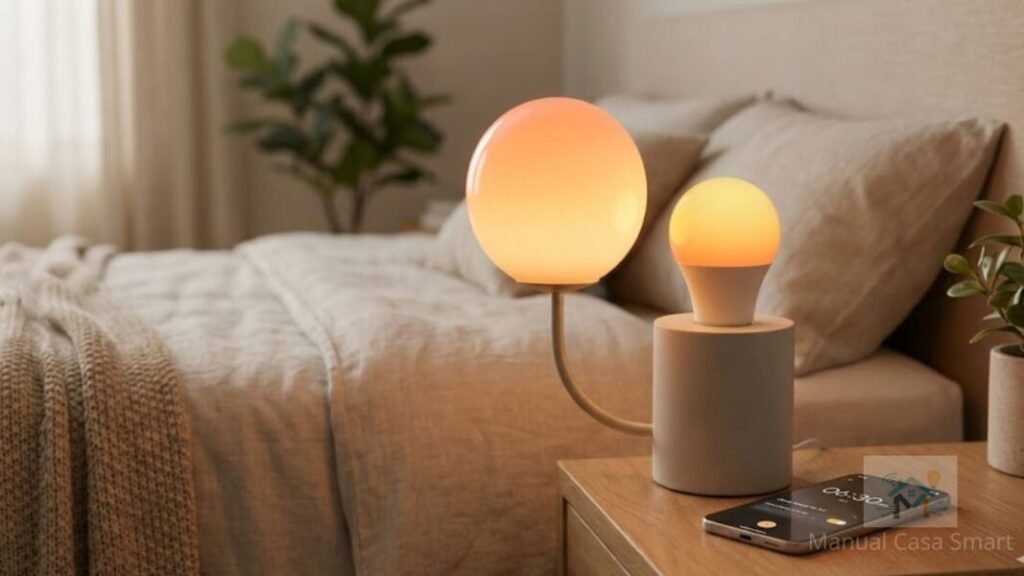 Iluminação Smart e Sono: 5 Benefícios 2026 2 lâmpada inteligente simulando nascer do sol para despertar suave.