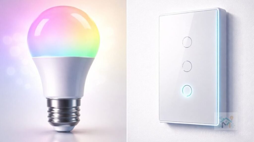 Iluminação Inteligente: Como transformar sua casa com luzes Wi-Fi (Manual 2026) 2 Iluminação inteligente. Comparativo visual entre lâmpada inteligente RGB e interruptor inteligente de parede.