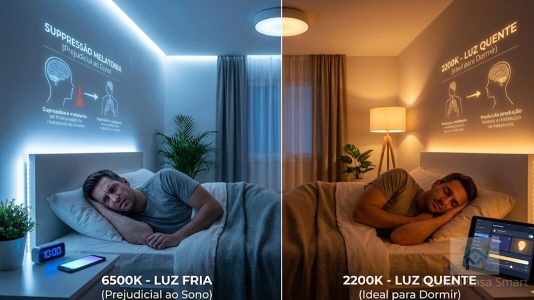 comparação impacto da luz fria versus iluminação smart quente no sono.