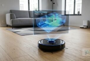 robô aspirador com mapeamento inteligente a laser navegando na sala.