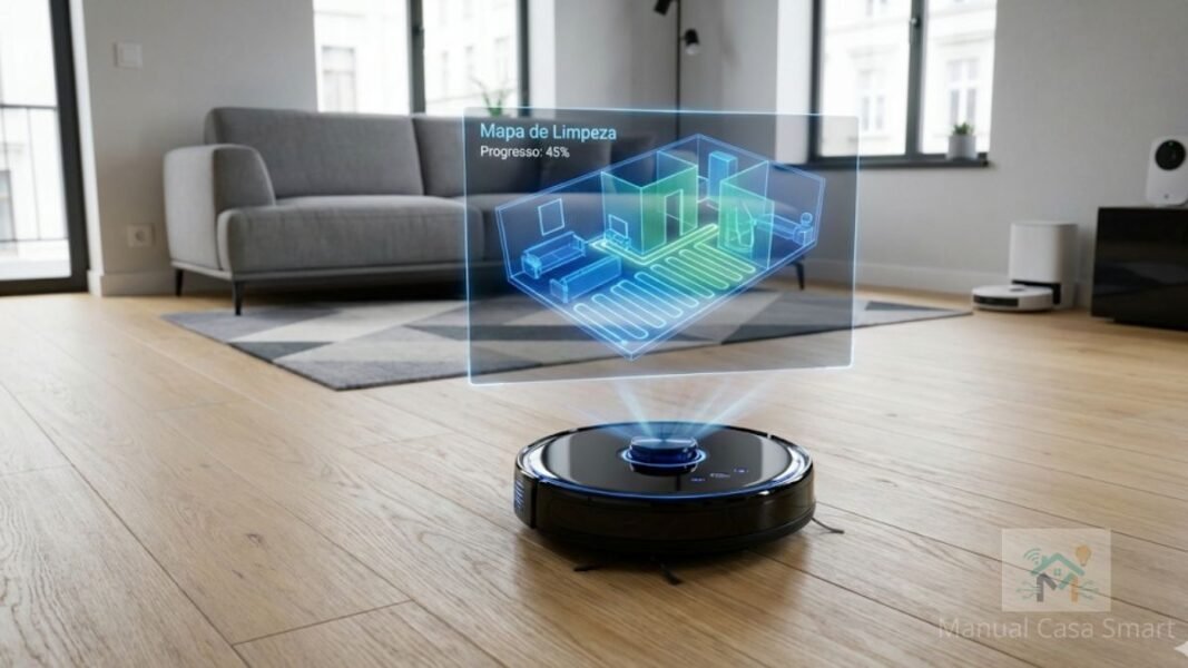 robô aspirador com mapeamento inteligente a laser navegando na sala.