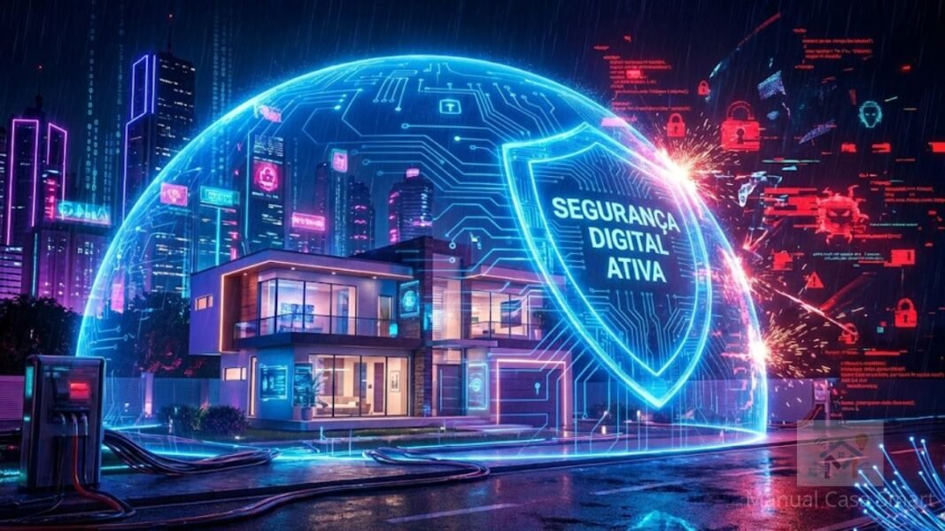 escudo digital protegendo a privacidade da casa inteligente contra hackers.