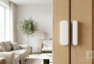 sensores de porta e janela instalados em porta de madeira moderna.