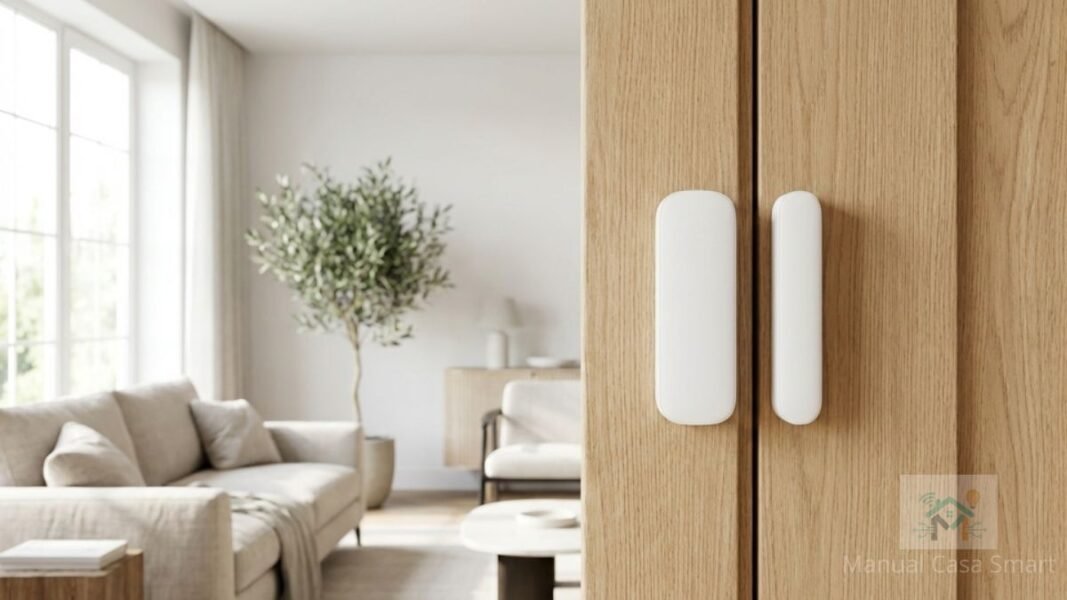 sensores de porta e janela instalados em porta de madeira moderna.