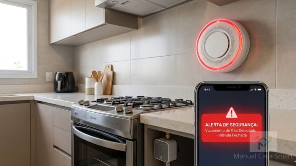 sensor de fumaça e gás wifi instalado na cozinha alertando vazamento no celular.
