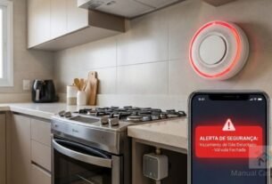sensor de fumaça e gás wifi instalado na cozinha alertando vazamento no celular.