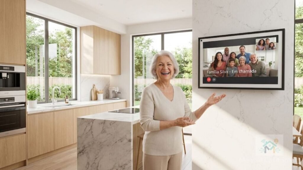 Presentes casa inteligente: Top 7 para 2026 9 Idosa utilizando um smart display recebido de presente para fazer vídeo chamada na cozinha.