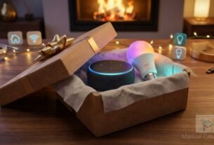 Caixa de presente com dispositivos de casa inteligente dentro.