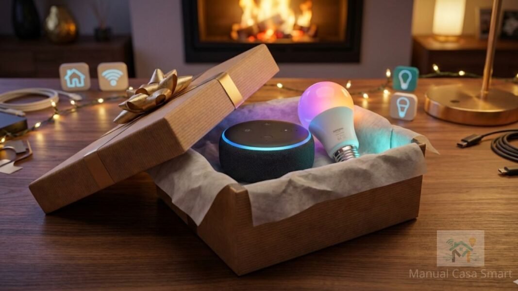 Caixa de presente com dispositivos de casa inteligente dentro.