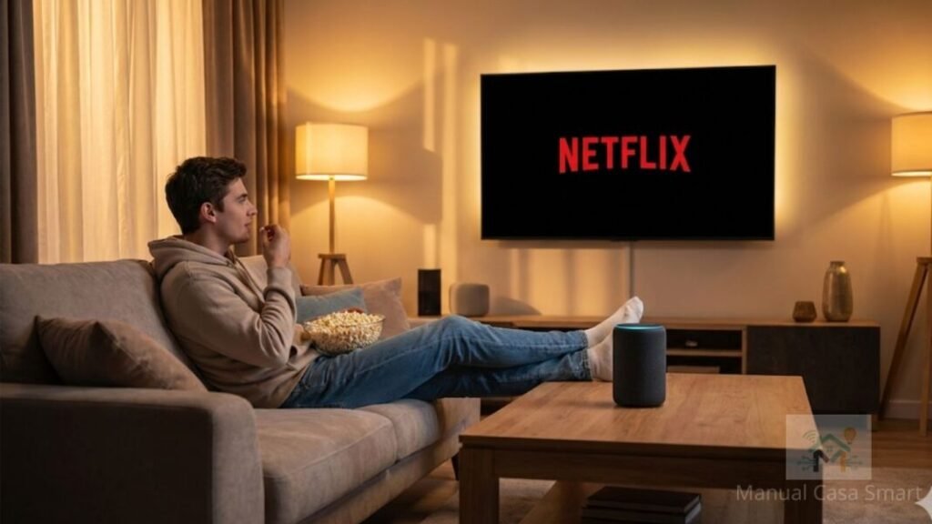 Usuário usando comando de voz para controlar TV Samsung pela Alexa sem controle remoto.