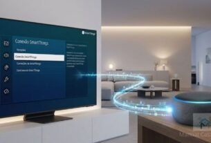 Diagrama mostrando como controlar TV Samsung pela Alexa via aplicativo SmartThings.