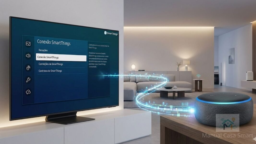 Diagrama mostrando como controlar TV Samsung pela Alexa via aplicativo SmartThings.