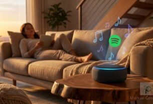 Spotify na alexa, ligada em uma sala moderna tocando música.