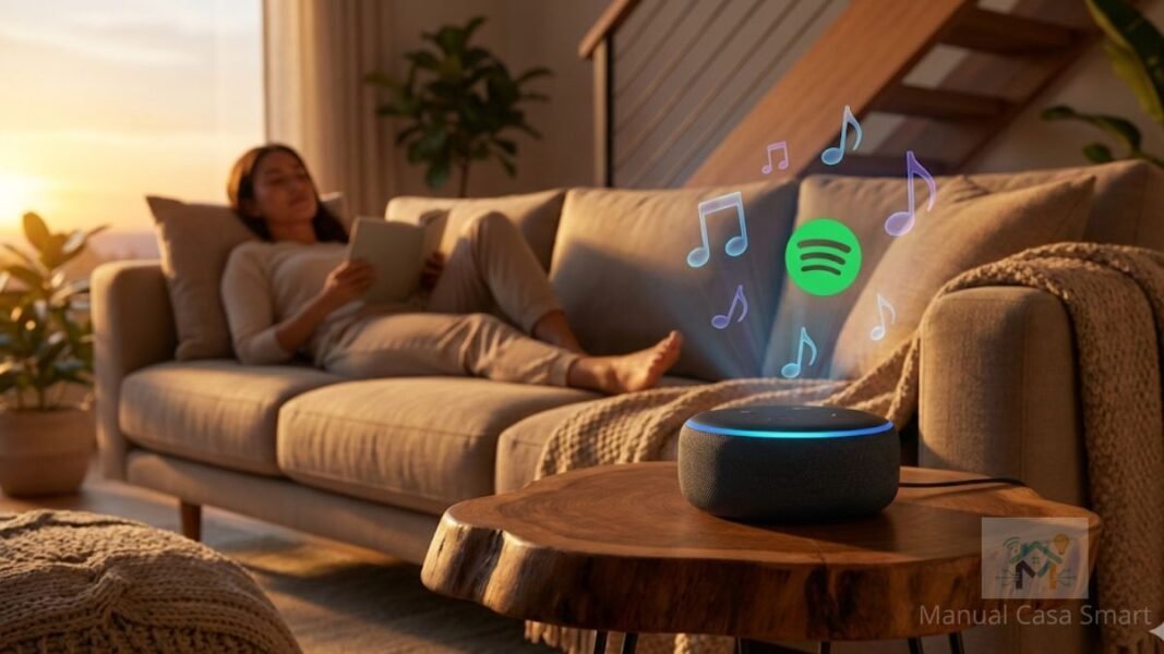 Spotify na alexa, ligada em uma sala moderna tocando música.