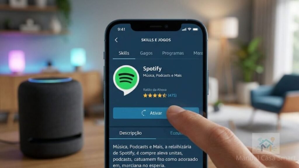 Aplicativo Alexa configurando a skill do Spotify para reprodução de música.