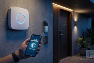 Sistema de alarme inteligente Wi-Fi instalado em residência moderna mostrando status de armado no celular.