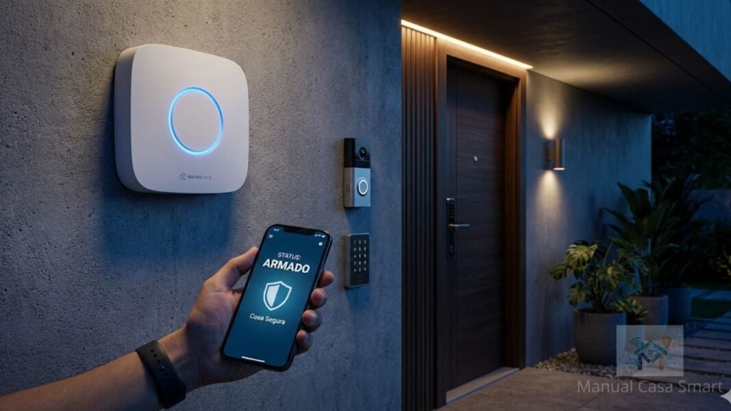 Sistema de alarme inteligente Wi-Fi instalado em residência moderna mostrando status de armado no celular.