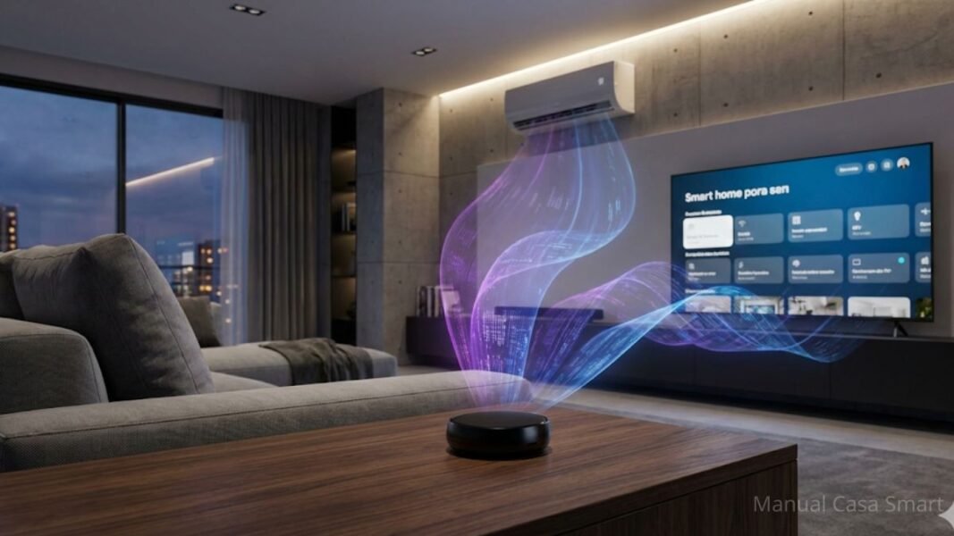 Controle remoto universal Wi-Fi infravermelho controlando TV e ar condicionado por voz.