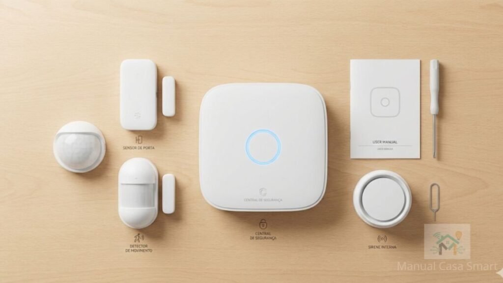 Kit completo de alarme inteligente Wi-Fi com sensores de porta, presença e sirene.