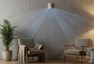 Sensor de presença smart instalado no canto da parede mostrando o campo de detecção.